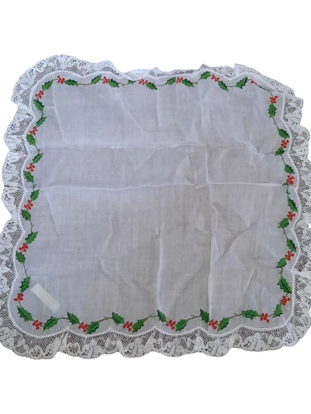 Vintage White Linen Holiday Handkerchief with Holly Embroidery